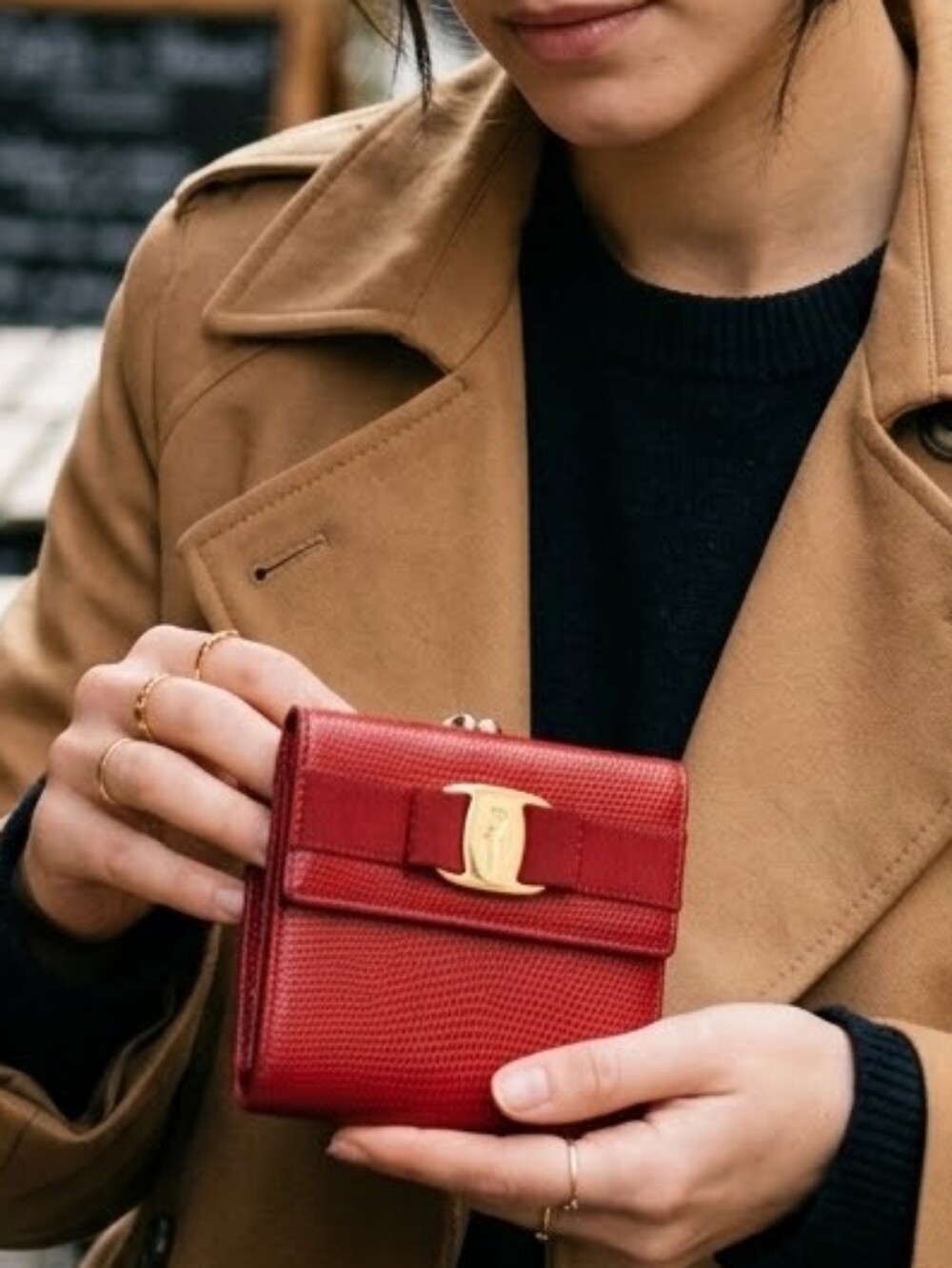 Salvatore Ferragamo Vara Bow Red Lizaed Embossed Wallet With COA